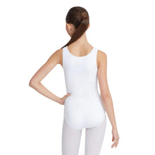 Load image into Gallery viewer, Female model wearing Capezio High-Neck Tank Leotard, style CC201 in color white, back view.
