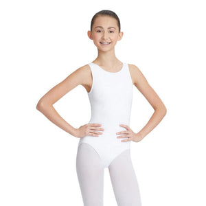 Female model wearing Capezio High-Neck Tank Leotard, style CC201 in color white, front view.