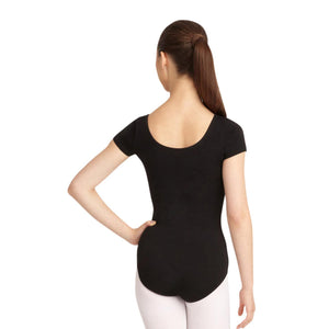 Female model wearing CAPEZIO Short Sleeve Leotard, style CC400, colour black, back view.