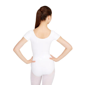 Female model wearing CAPEZIO Short Sleeve Leotard, style CC400, colour white, back view.