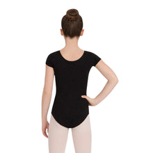Load image into Gallery viewer, Female model wearing CAPEZIO Short Sleeve Leotard, style CC400C, colour black, back view.
