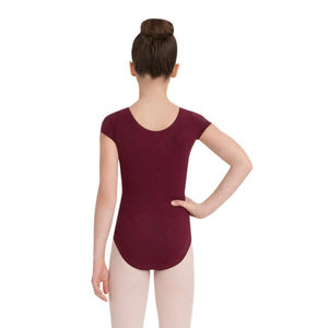 Female model wearing CAPEZIO Short Sleeve Leotard, style CC400C, colour burgundy, back view.