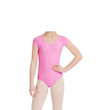 Load image into Gallery viewer, Female model wearing CAPEZIO Short Sleeve Leotard, style CC400C, colour candy pink, front view.

