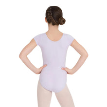 Load image into Gallery viewer, Female model wearing CAPEZIO Short Sleeve Leotard, style CC400C, colour lavender, back view.
