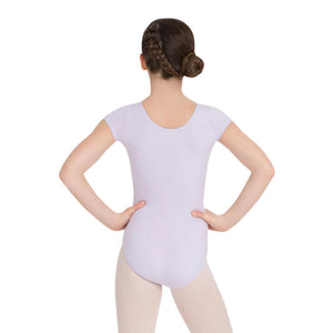 Female model wearing CAPEZIO Short Sleeve Leotard, style CC400C, colour lavender, back view.