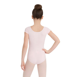 Female model wearing CAPEZIO Short Sleeve Leotard, style CC400C, colour pink, back view.