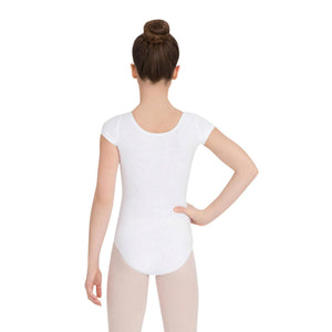 Female model wearing CAPEZIO Short Sleeve Leotard, style CC400C, colour white, back view.