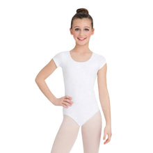 Load image into Gallery viewer, Female model wearing CAPEZIO Short Sleeve Leotard, style CC400C, colour white, front view.
