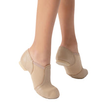 Load image into Gallery viewer, Female model wearing Capezio Jazz Slip On Shoe, style EJ2, colour caramel, side &amp; bottom view.
