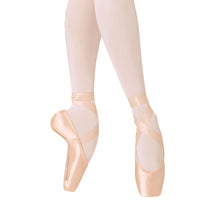 Load image into Gallery viewer, Female model wearing BLOCH Balance European Pointe Shoe, style ES0160L, colour pink satin, front and side view. 
