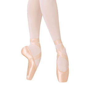 Female model wearing BLOCH Balance European Pointe Shoe, style ES0160L, colour pink satin, front and side view. 