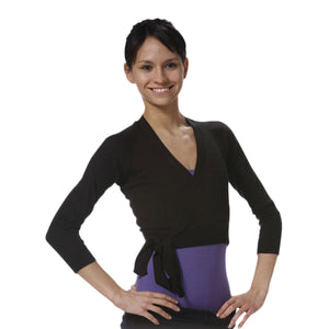 Female model wearing SANSHA Long Sleeve Wrap Sweater, Style: KCT5CH, Colour: Black.