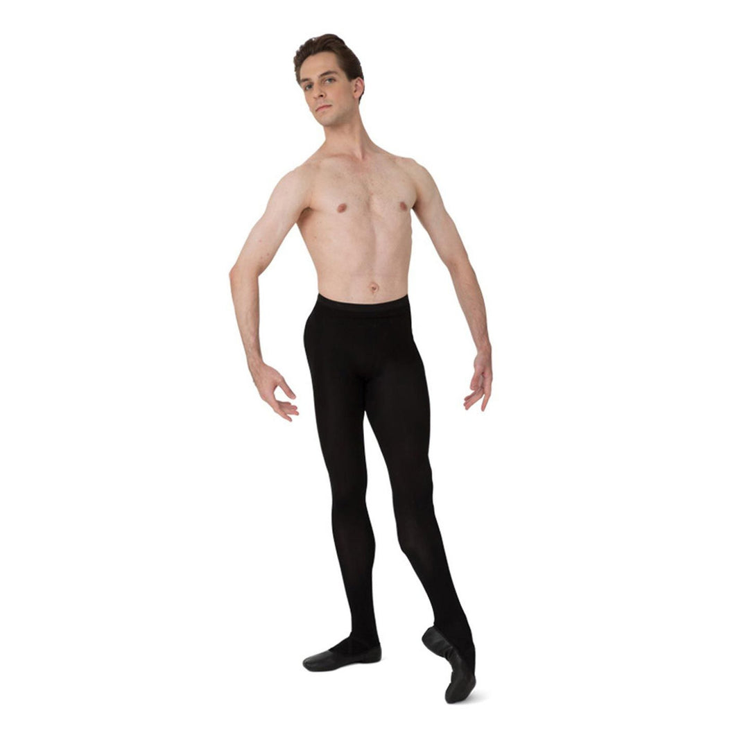 Male model wearing Capezio Footed Tight, style MT11, colour black.