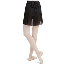 Load image into Gallery viewer, Female model wearing CAPEZIO Georgette Wrap Skirt, style N272, colour black, back view.
