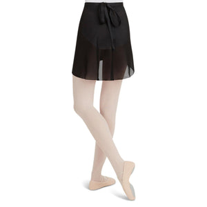 Female model wearing CAPEZIO Georgette Wrap Skirt, style N272, colour black, back view.