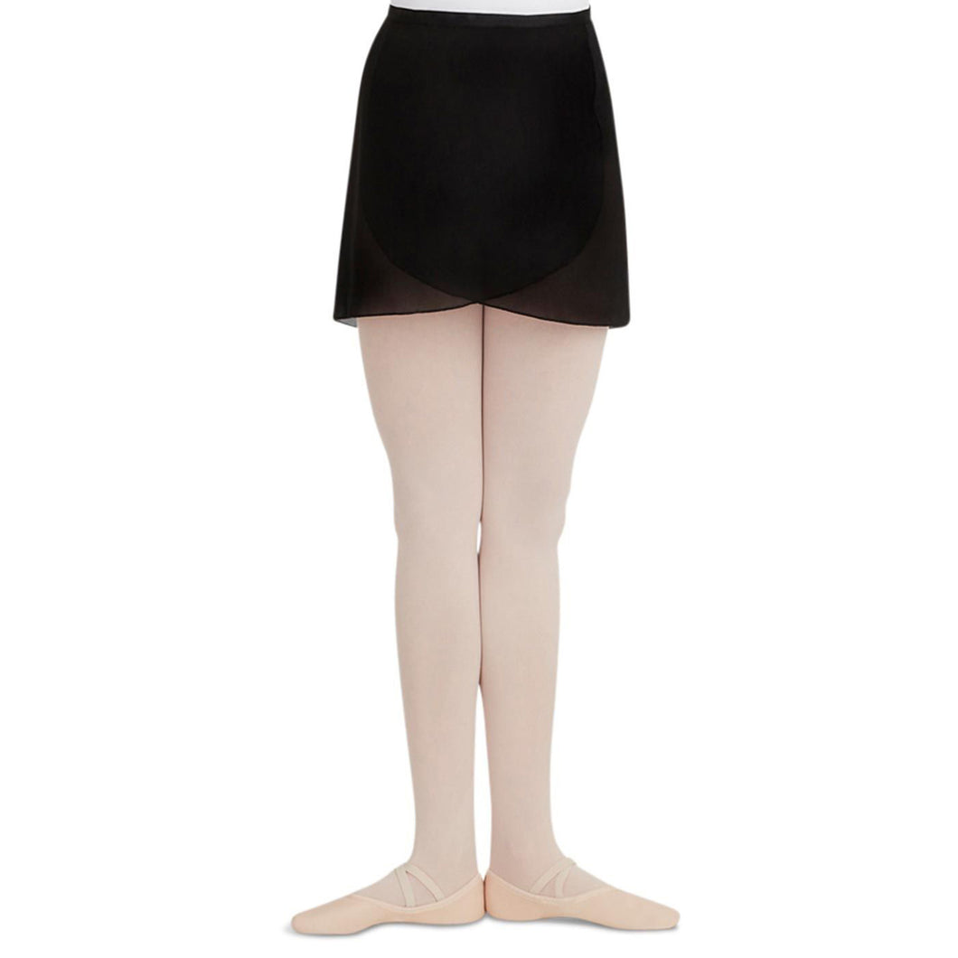 Female model wearing CAPEZIO Georgette Wrap Skirt, style N272, colour black, front view.