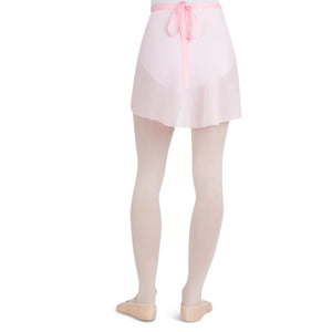 Female model wearing CAPEZIO Georgette Wrap Skirt, style N272, colour pink, back view.