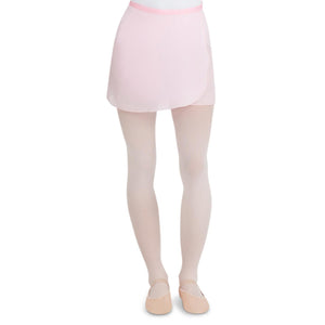 Female model wearing CAPEZIO Georgette Wrap Skirt, style N272, colour pink, front view.