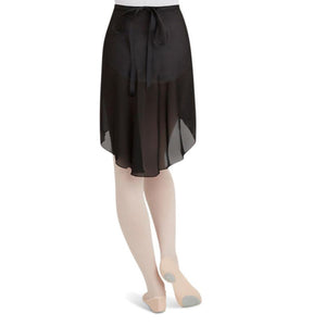 Female model wearing CAPEZIO Georgette Long Wrap Skirt, style N276, colour black, back view.