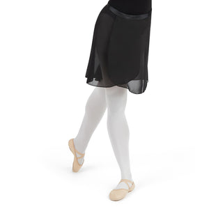 Female model wearing CAPEZIO Georgette Long Wrap Skirt, style N276, colour black, front & side view.