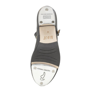 Product image of Bloch Girls Tap On Leather Tap Shoe, style S0302G, shown in color black, bottom view.