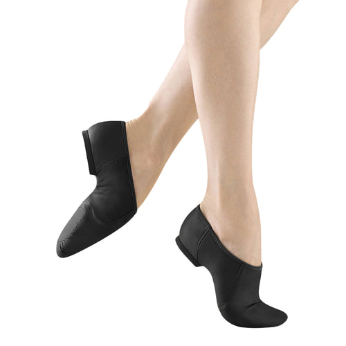 Female model wearing BLOCH Neo Flex Slip On Leather Jazz Shoe - Kids. Style: S0495G. Color: Black. View: Side.