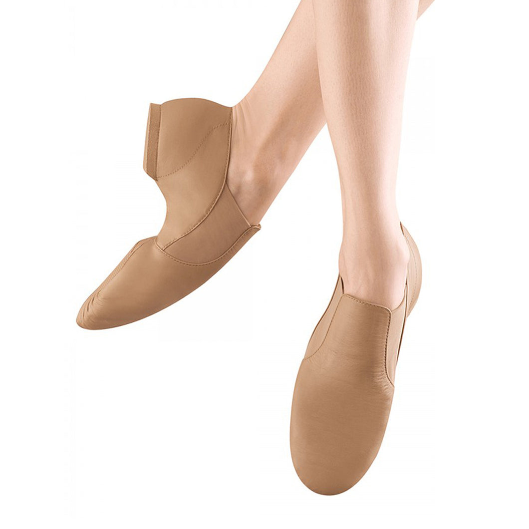 Female model wearing Bloch Leather Elasta Jazz Booties, style S0499L, colour tan, top & side view.
