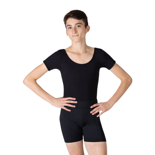 Male model wearing Capezio Studio Short, style SE1067M, color black, front view.